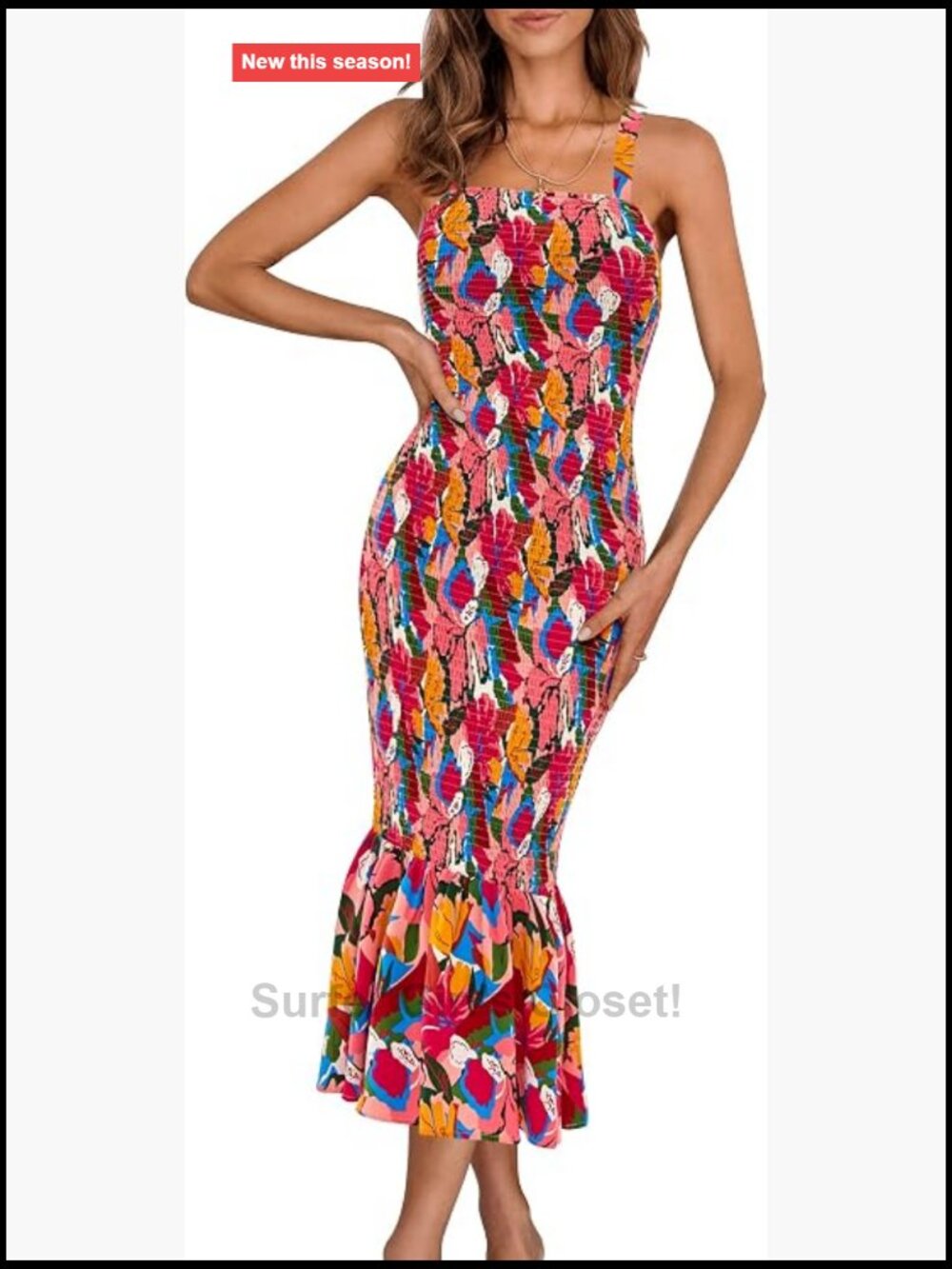 Women's Floral Midi Tank Dress Sleeveless Smocked Bodycon Ruffle Hem Summer